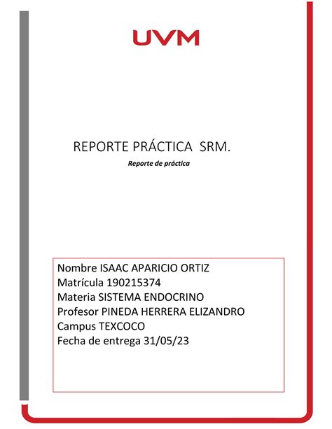 Reporte De Practica Sistema Endocrino M Reporte Prctica Srm Reporte