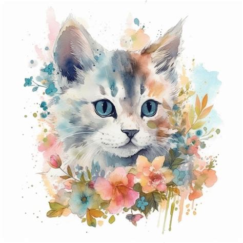 Una pintura acuática de un gato con ojos azules y un fondo de flores