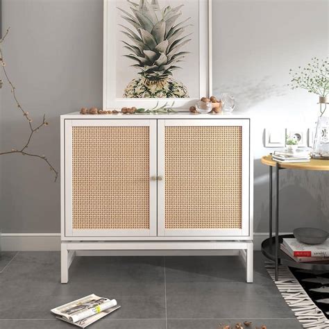 Tileon Natural Rattan 2 Door Cabinet With 1 Adjustable Inner Shelves