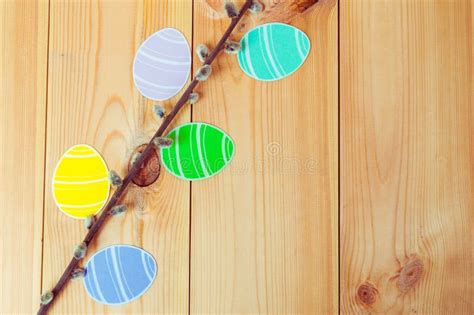 Close Up Of Pussy Willow Branches And Colorful Paper Eggs Silhouette