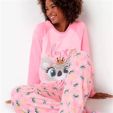 Pijama Soft Adulto Manga Longa Puket Coala Princess Rosa Parcelamento