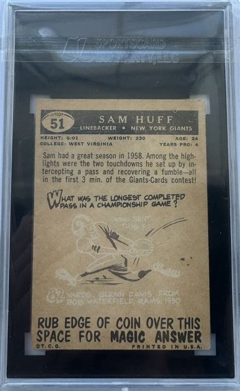 Topps Football Sam Huff Rc Sgc Vg Ex New York Giants Hof