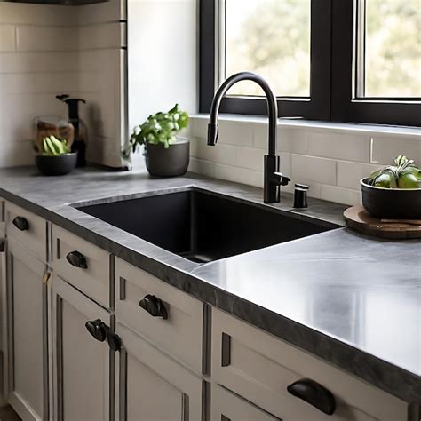 Premium Photo A Gray Sink On A Kitchen Cabinet With A Black Granite