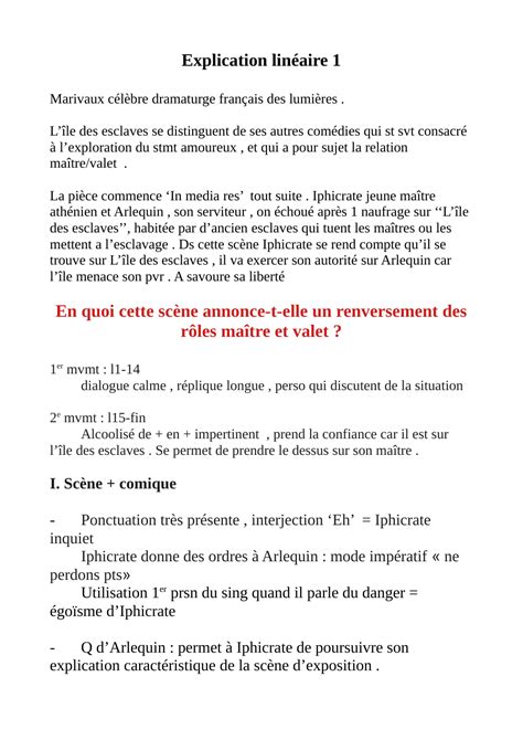 Lecture linéaire Marivaux l ile des esclaves scène 1