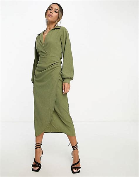 Asos Design Textured Collared Wrap Midi Dress In Dark Khaki Asos