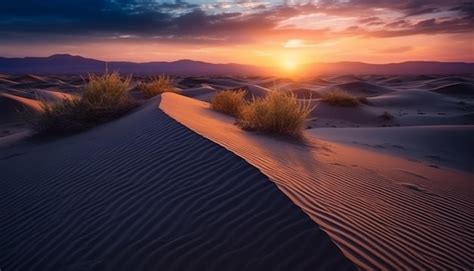 Premium Ai Image Sunset Over Majestic Mountain Range Striped Sand