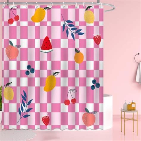 Groovy Shower Curtain Pink Checkerboard Shower Curtain Set Cute Fruits