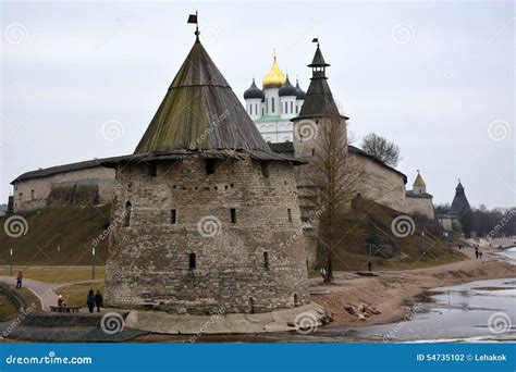 Stone Tower And Pskov Kremlin Fortress Wall Stock Photo Image Of