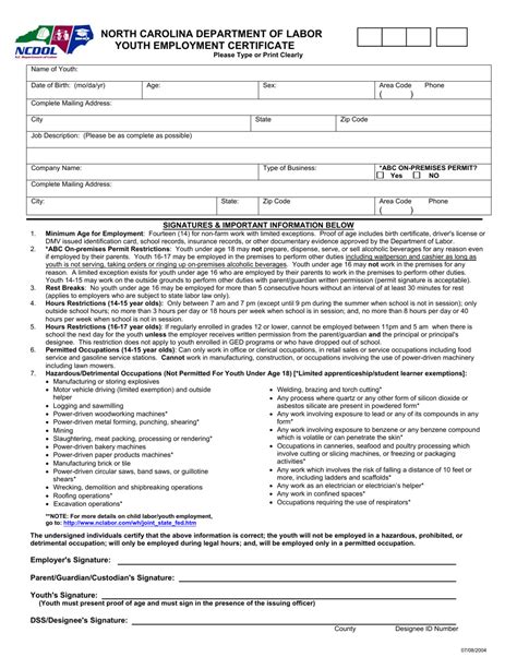 North Carolina Youth Employment Certificate Fill Out Sign Online And Download Pdf