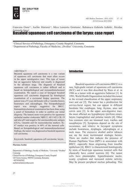 Pdf Basaloid Squamous Cell Carcinoma Of The Larynx Case Report