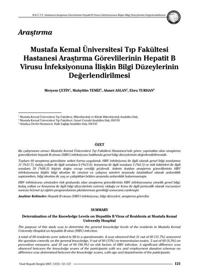 Araştırma Mustafa Kemal Üniversitesi Tıp Fakültesi Hastanesi Araştırma