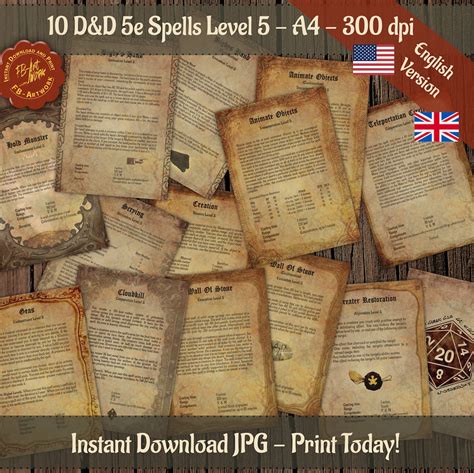 10 Dnd Spells 5th Level Parchment Look Spells to Print A4 - Etsy