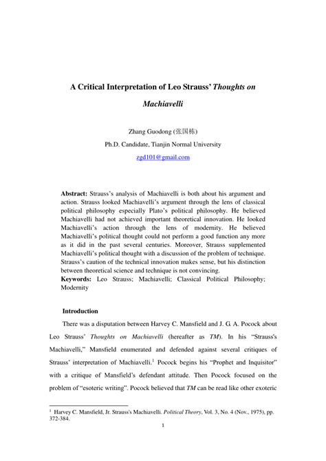 (PDF) A Critical Interpretation of Leo Strauss' Thoughts on Machiavelli