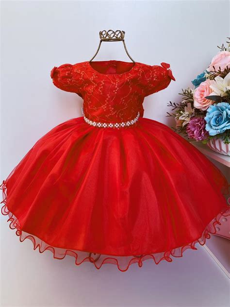 Vestido Infantil Vermelho Renda E Voal Luxo Festas Rosa Charmosa Atacado