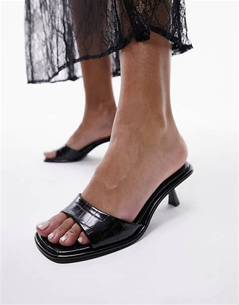 Topshop Isaac Angular Mid Heel Mules In Black Croc Asos