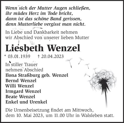 Traueranzeigen von Liesbeth Wenzel Märkische Onlinezeitung Trauerportal