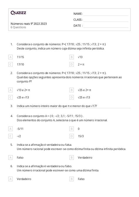 Números Irracionais Imprimível 3ª Série Planilhas Quizizz