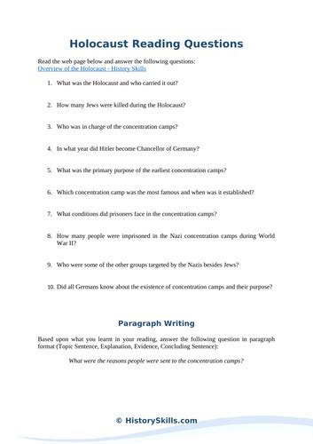 Overview Of The Holocaust Reading Questions Worksheet Teaching Resources