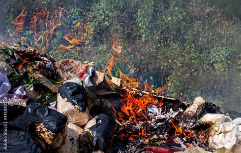 Fire Burn Garbage Waste Plastic Smoke Polluted Of Waste Plastic