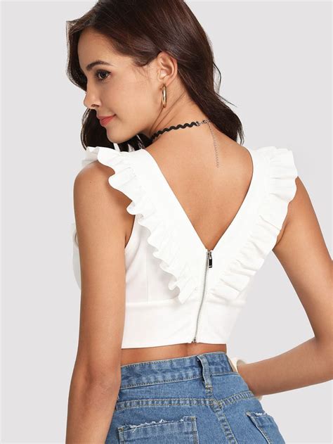 Double V Neck Ruffle Trim Crop Top SheIn Sheinside Moda Fashion