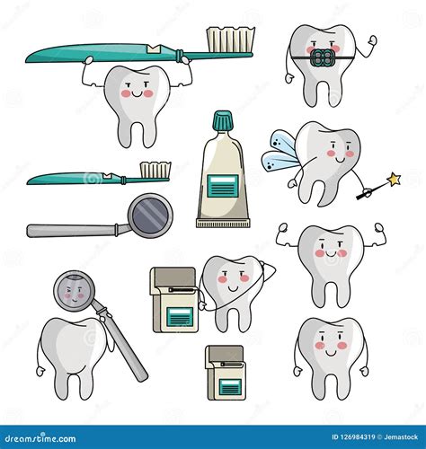 Set Of Tooth Cartoons Stock Vector Illustration Of Floss 126984319