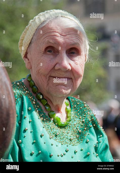 Russian Woman War Veteran Celebrating Victory Day In Front Of The