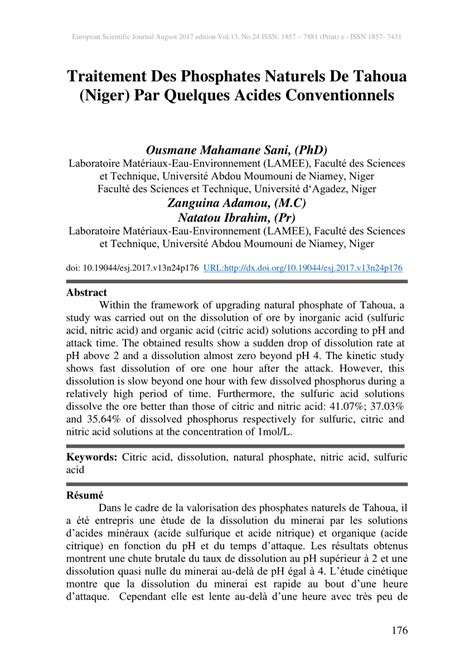 Pdf Traitement Des Phosphates Naturels De Tahoua Niger Par Quelques