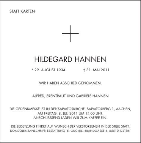 Traueranzeigen Von HILDEGARD HANNEN Aachen Gedenkt