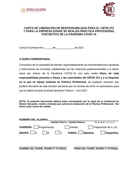 Formatos PP alumnos 1a parte CARTA DE LIBERACIÓN DE RESPONSABILIDAD