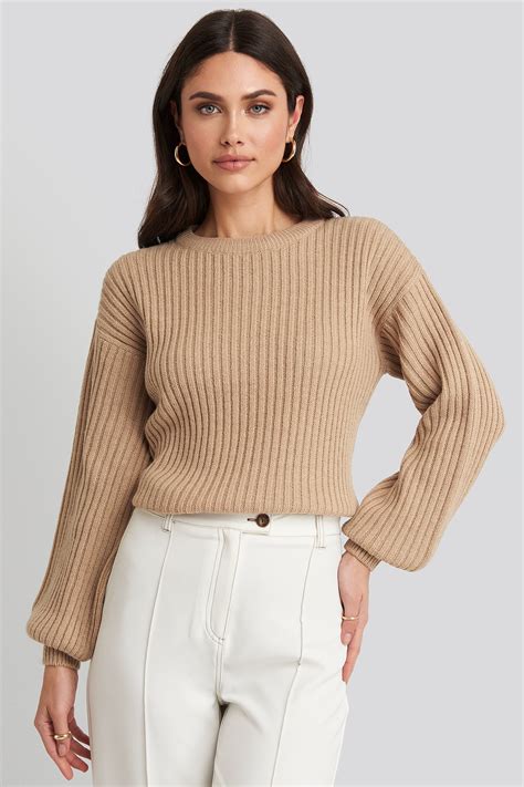 Wool Blend Ribbed Knitted Sweater Beige Na Kd