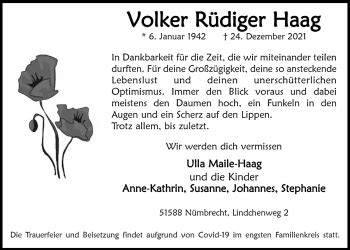 Traueranzeigen von Volker Rüdiger Haag WirTrauern