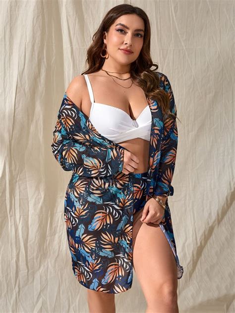 Plus Tropical Print Bikini Swimsuit With Kimono Shein Usa