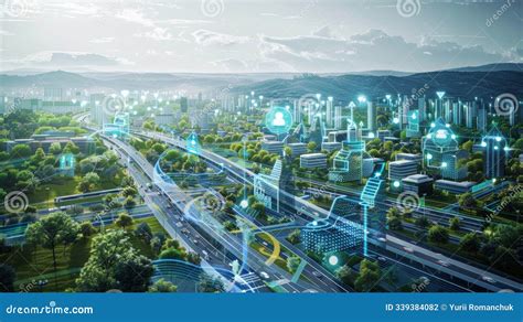 Blueprint Of A Futuristic Smart City With Interconnected Buildings And