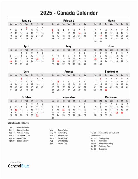 Year 2025 Simple Calendar With Holidays in Canada