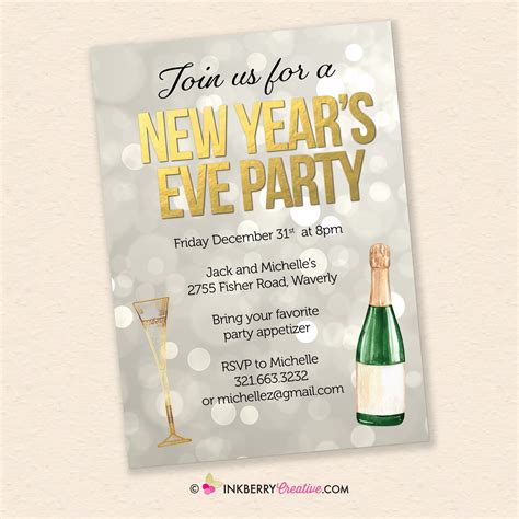 New Years Eve Party Invitation Silver Gold Confetti Champagne Glass