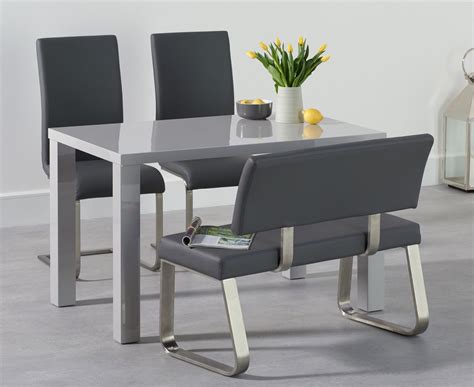 Grey High Gloss Dining Table Bench Set With 2 Chairs Homegenies