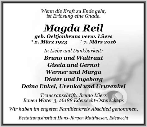 Traueranzeigen Von Magda Reil Nordwest Trauer De