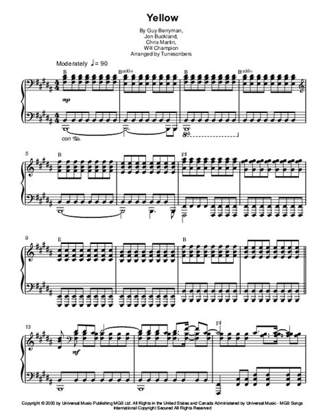 Yellow Arr Tunescribers Sheet Music Guy Berryman Piano Solo