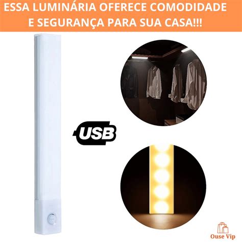 Lâmpada Luminária Led Barra Sensor De Movimento Recarregável USB