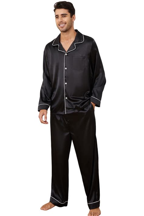 Vulcanodon Mens Silk Pajamas Set Long Sleeve Satin Pajamas For Men