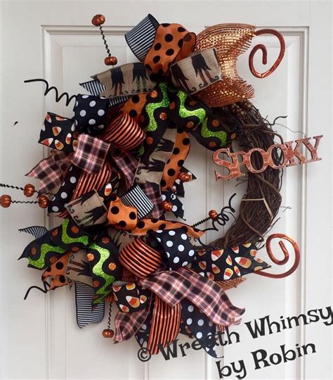 Halloween Grapevine Deco Mesh Ribbon Wreath with "Spooky" Sign, Fall Wreath, Autumn Wreath ...