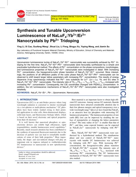 Pdf Synthesis And Tunable Upconversion Luminescence Of Naluf Yb