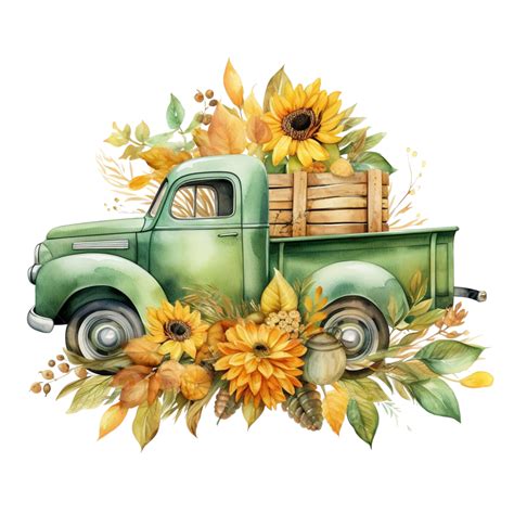 Watercolor Green Retro Truck With Sunflowers Happy Fall Thanksgiving