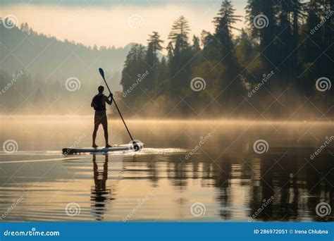 A Man Engages In Stand Up Paddleboarding On A Serene Lake Stock