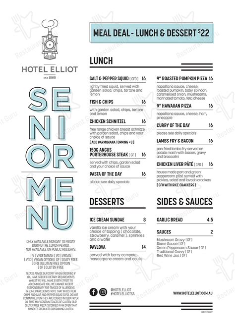 Menu at Hotel Elliot restaurant, Port Elliot