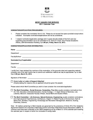 Fillable Online Umanitoba Service Merit Award Application Form