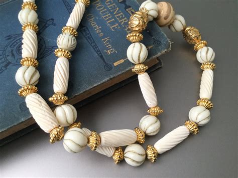 Carved Bone and Gold Bead Necklace Tribal Long Fashion - Etsy