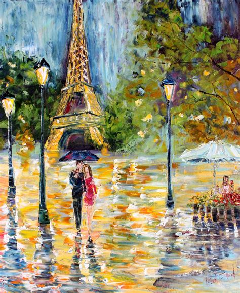 Original Oil painting Paris Rain Romance palette knife