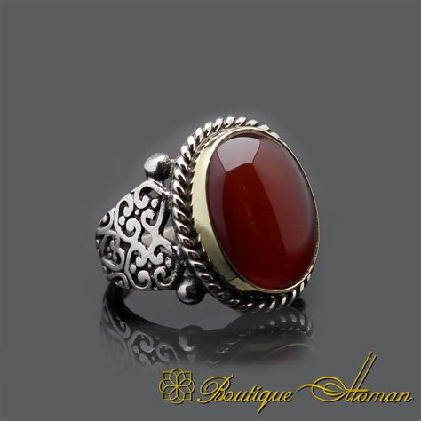 Handmade Red Agate Aqeeq Silver Men Ring Boutique Ottoman Exclusive