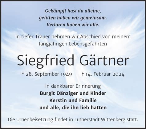 Traueranzeigen Von Siegfried G Rtner Abschied Nehmen De